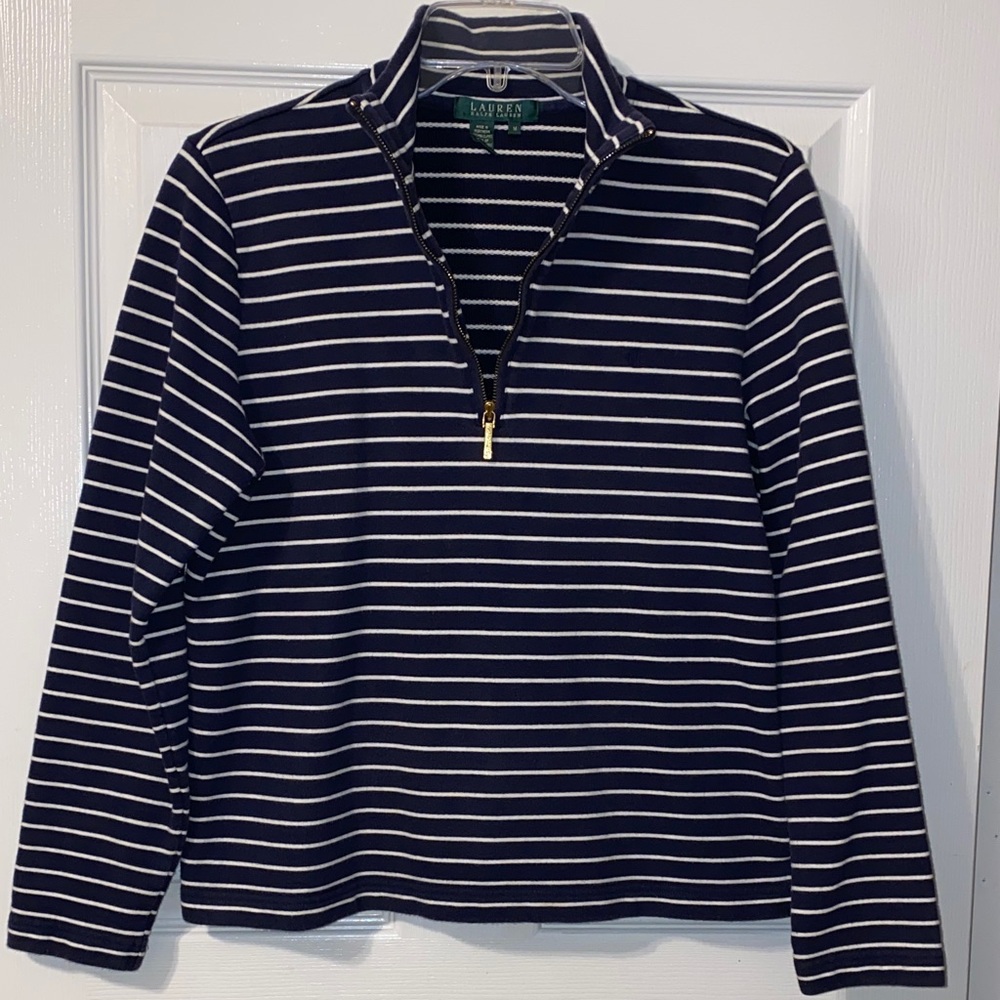 Lauren Ralph Lauren Striped Navy and White Quarter-Zip Sweater